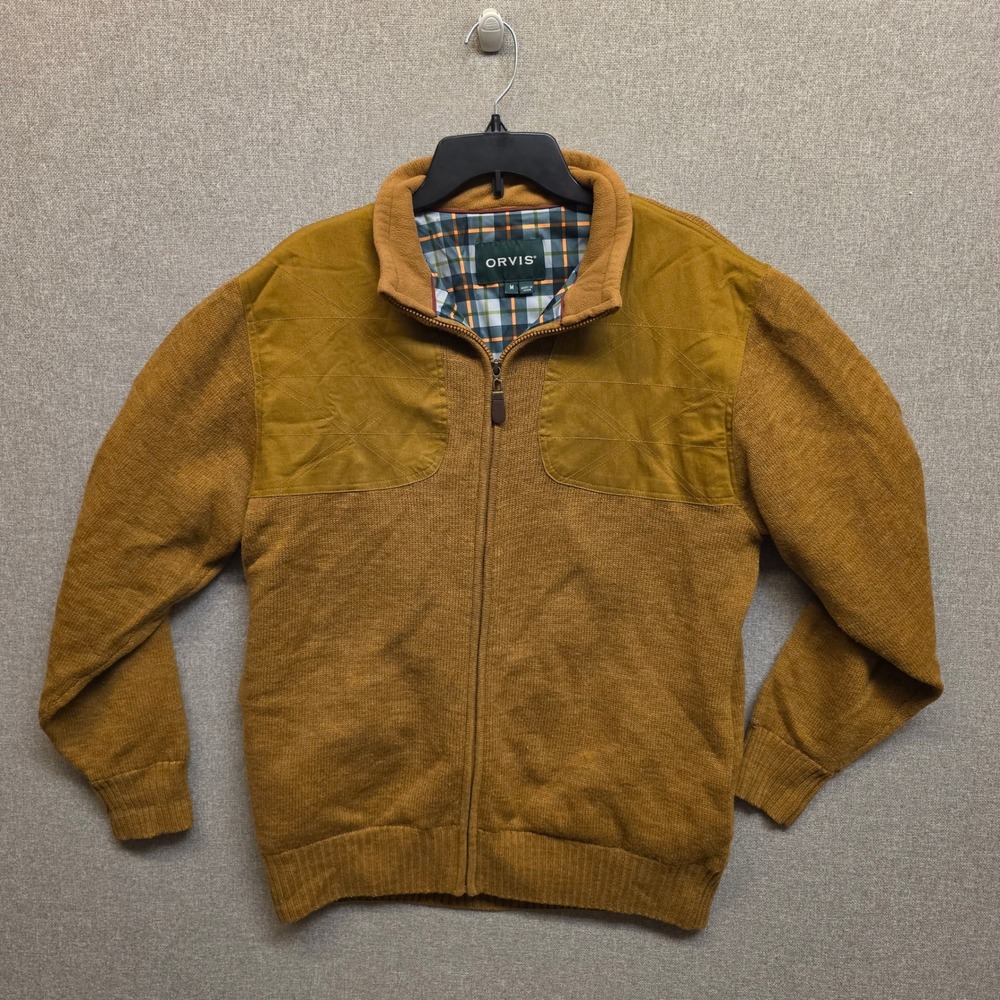 Vintage Orvis Mens M Mustard Yellow Wool Full Zip Cardigan Quilted Shoulder